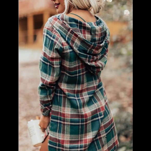 Hooded Flannel Plaid Loose V-Neck Few Buttons 🦘Pocket Drawstring Pullover Shirt - Picture 5 of 14